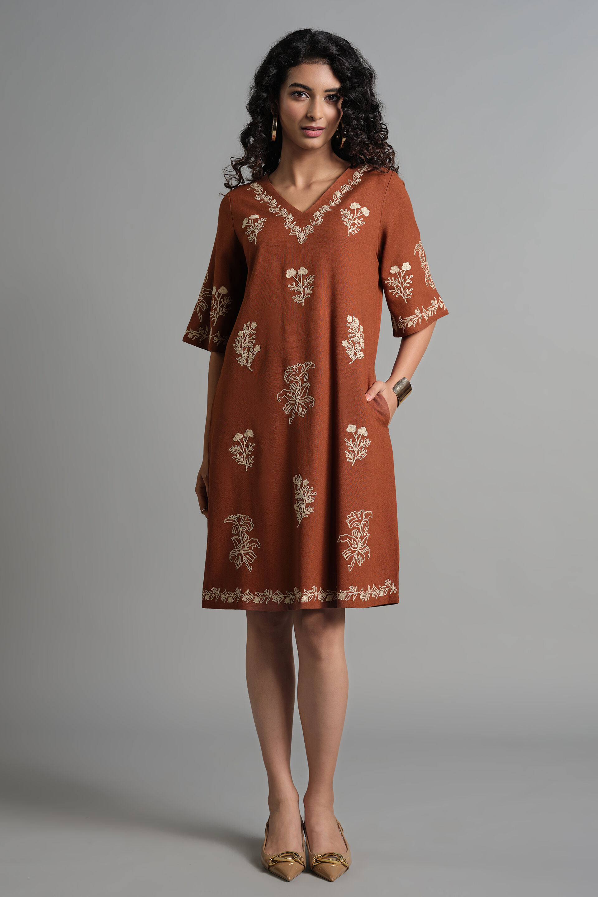 Floral Terracotta Dress, Brown, image 1